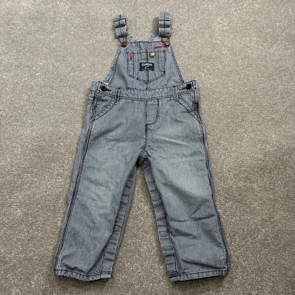 OshKosh BGosh Hickory Stripe Denim Bib Overalls Blue Pink Girls 24 Mos Railroad - Picture 1 of 13